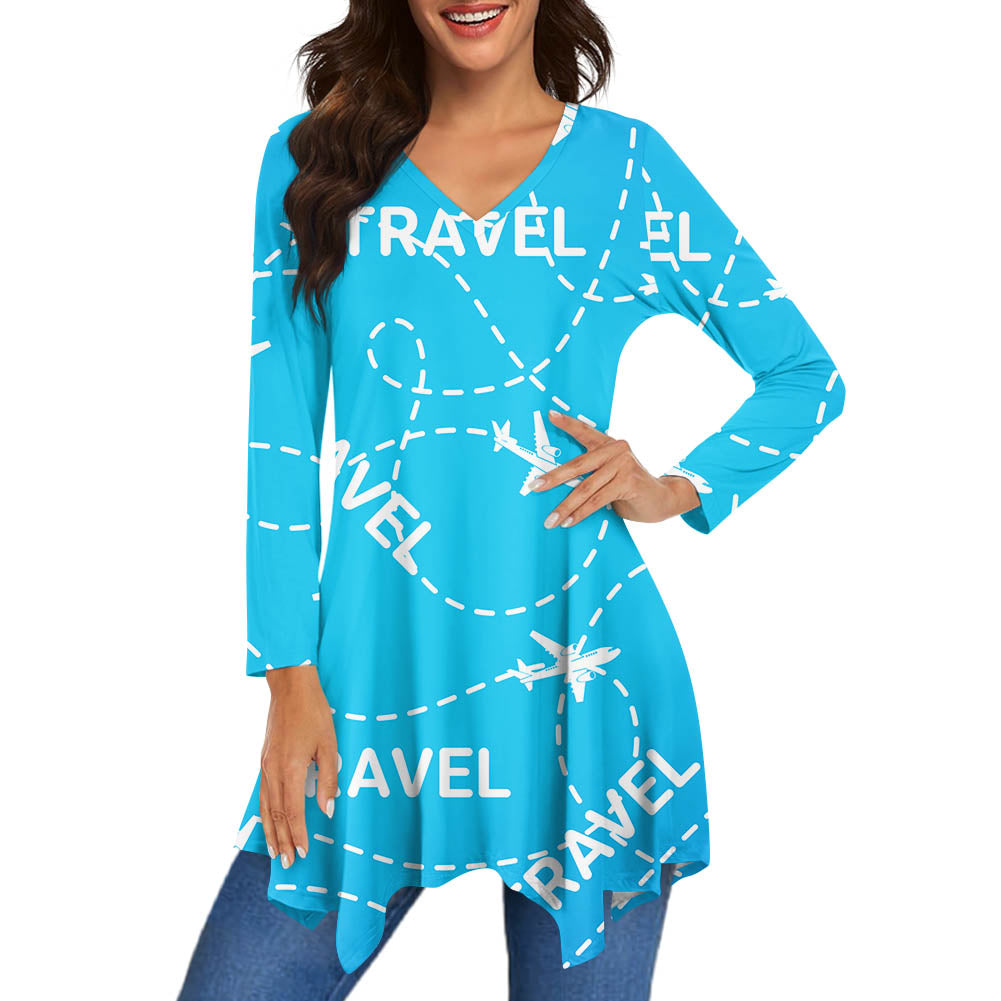 Travel & Planes Designed Women Lrregular V-neck Skirts