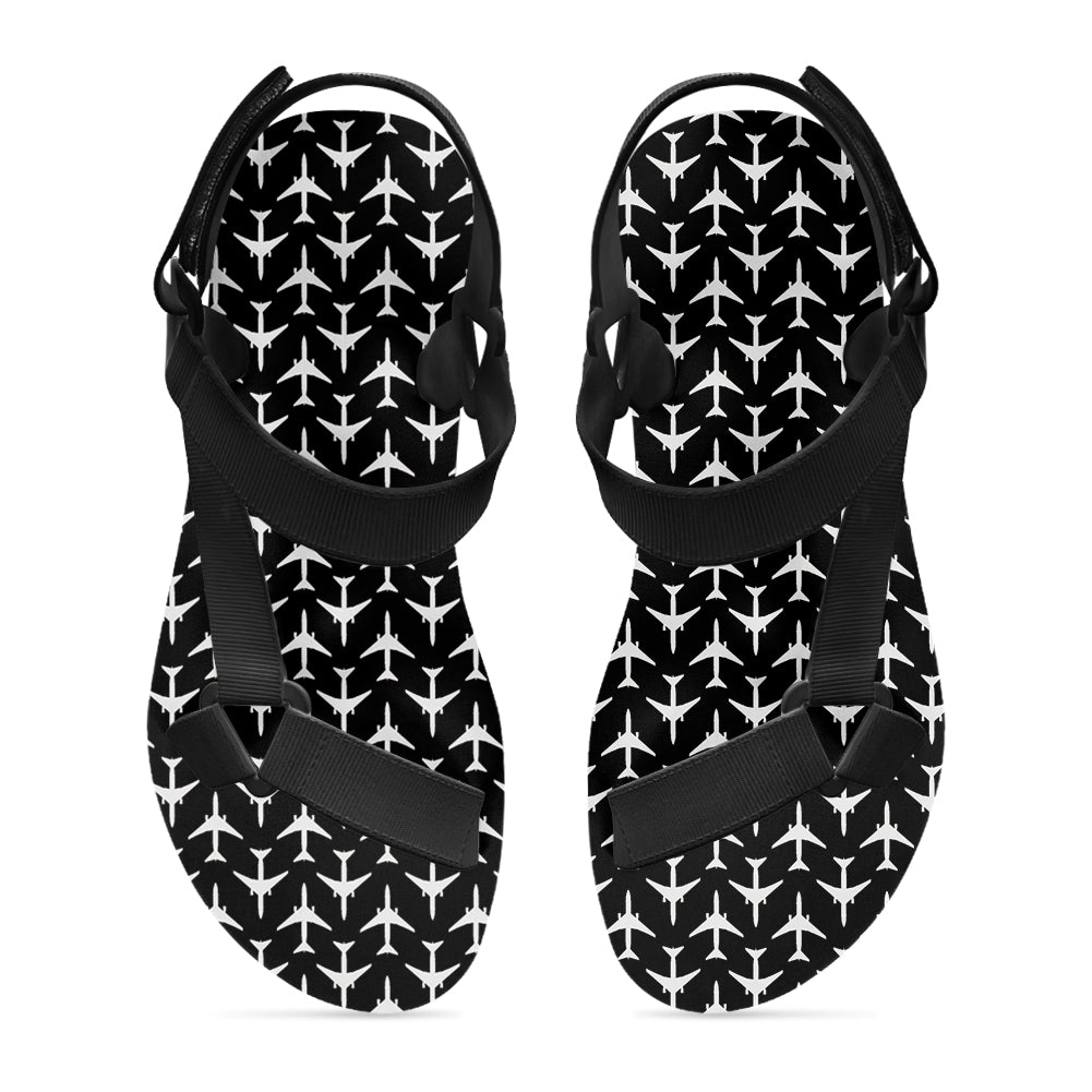 Perfectly Sized Seamless Airplanes Black Designed Open Toe Sandals (Slippers)