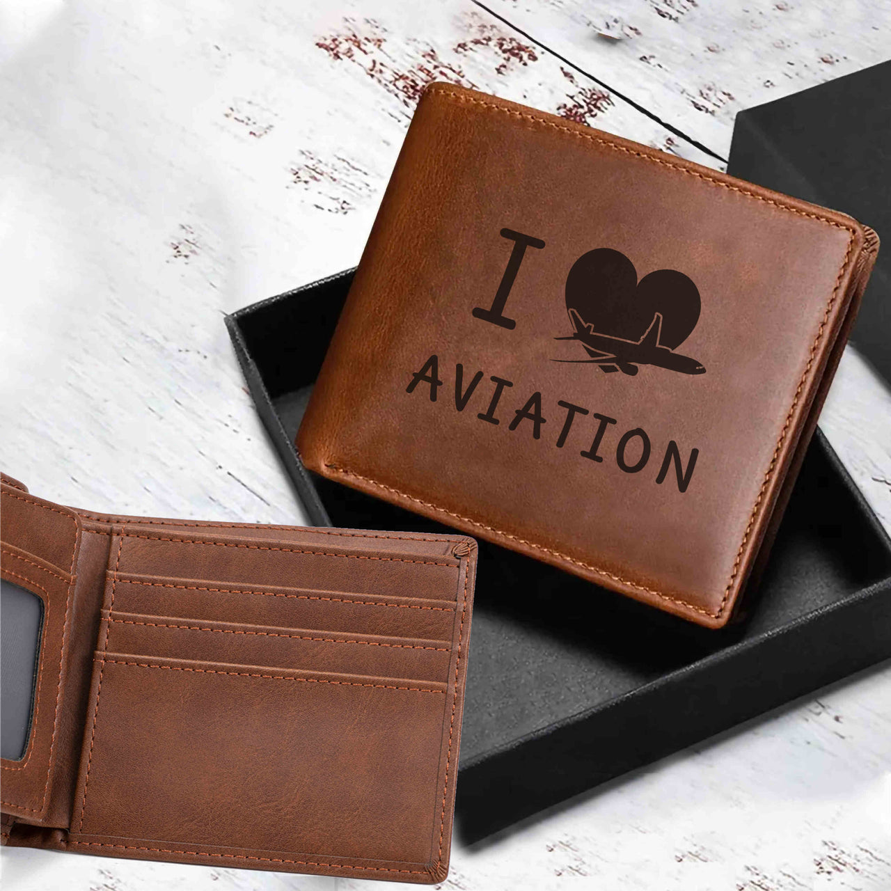 I Love Aviation Designed Laser Leather Wallets