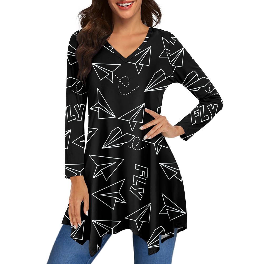 Paper Airplane & Fly Black 2 Designed Women Lrregular V-neck Skirts