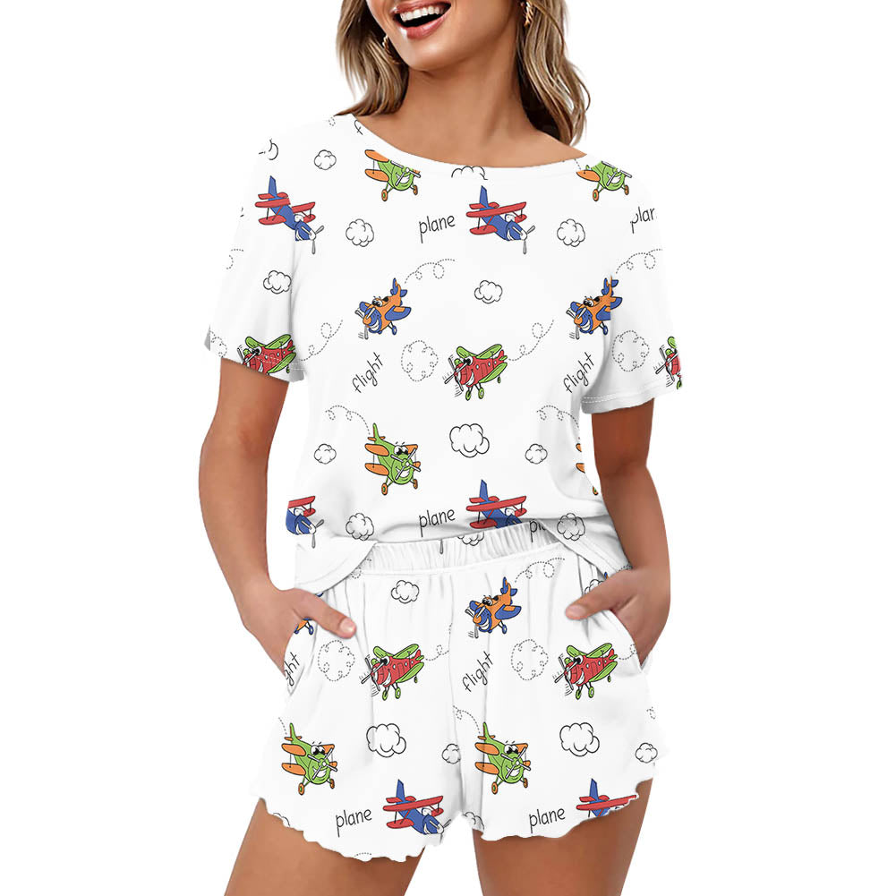 Colorful Cartoon Planes 2 Designed Women Summer Home Suits