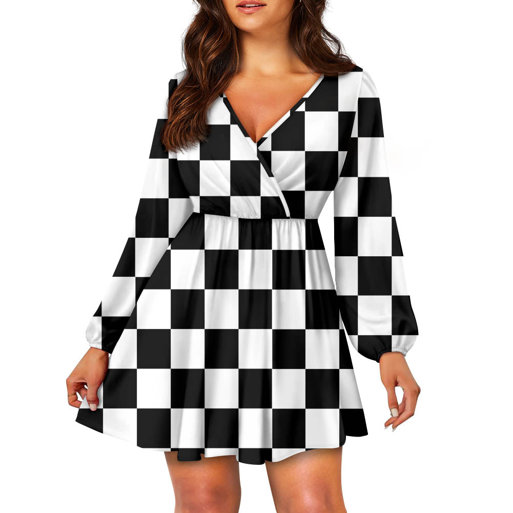 Black & White Boxes 2 Designed Women V-neck Dress