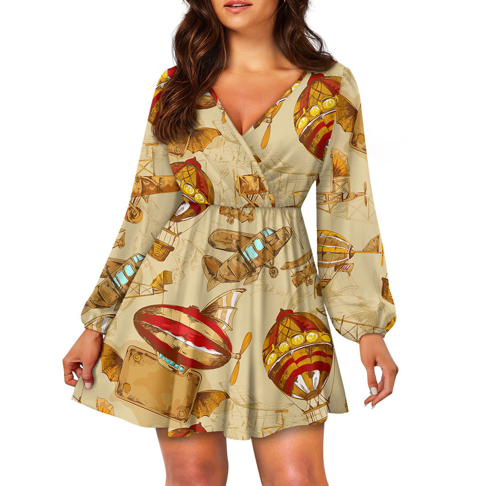 Graphical Travel 2 Designed Women V-neck Dress