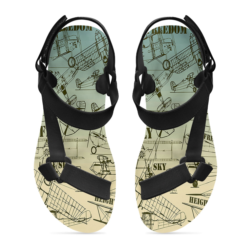 Retro Airplanes & Text 2 Designed Open Toe Sandals (Slippers)