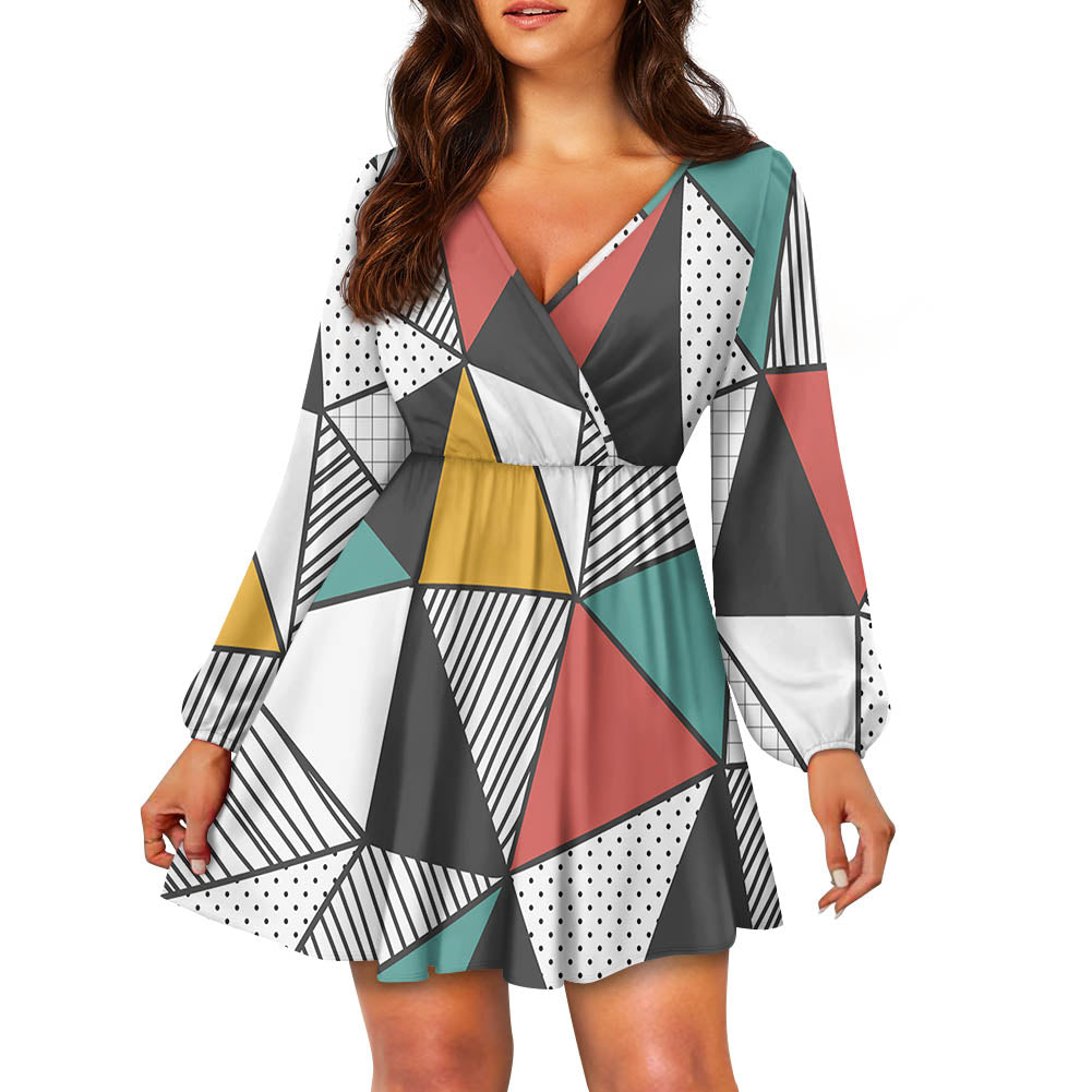 Mixed Triangles Designed Women V-neck Dress