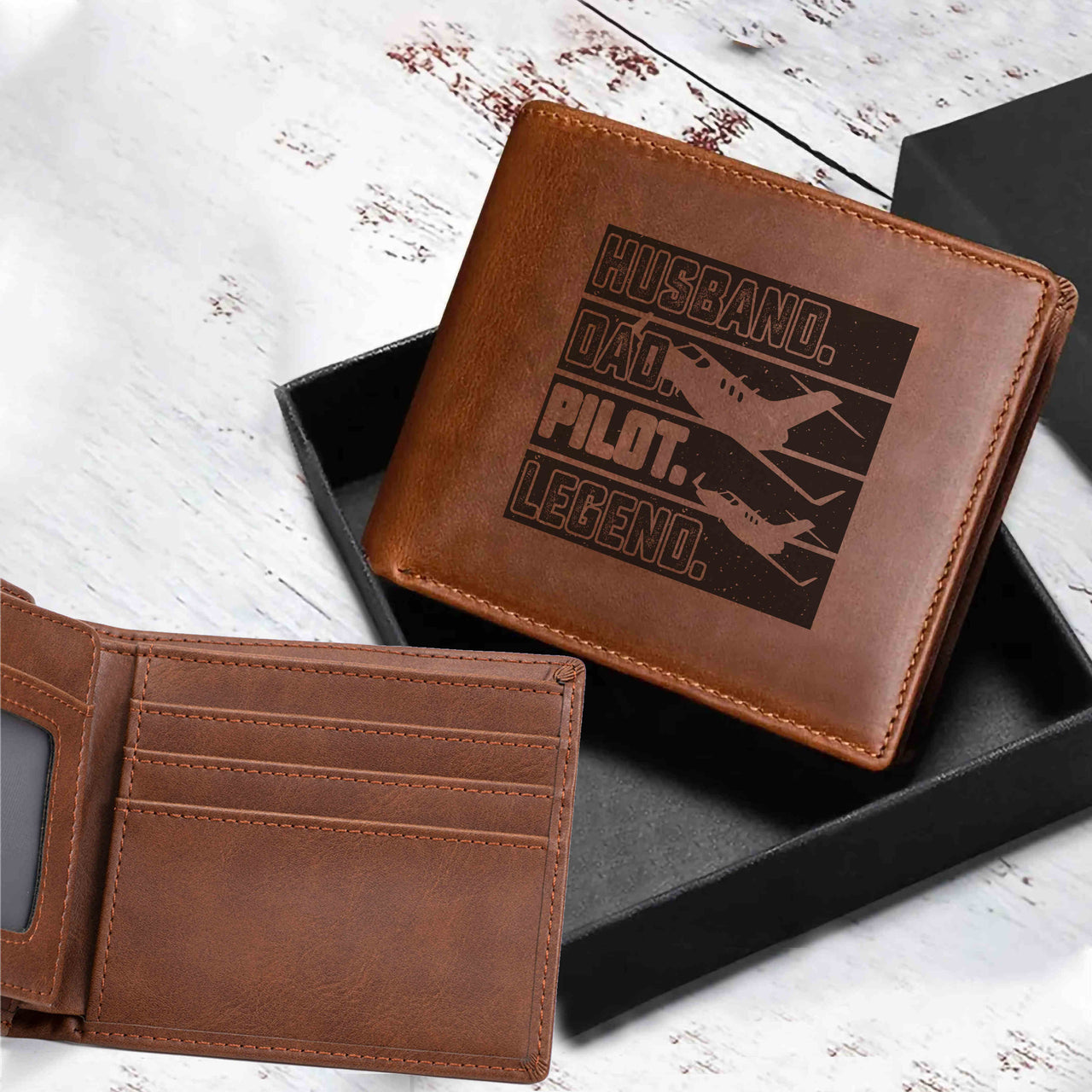 Husband & Dad & Pilot & Legend Designed Laser Leather Wallets