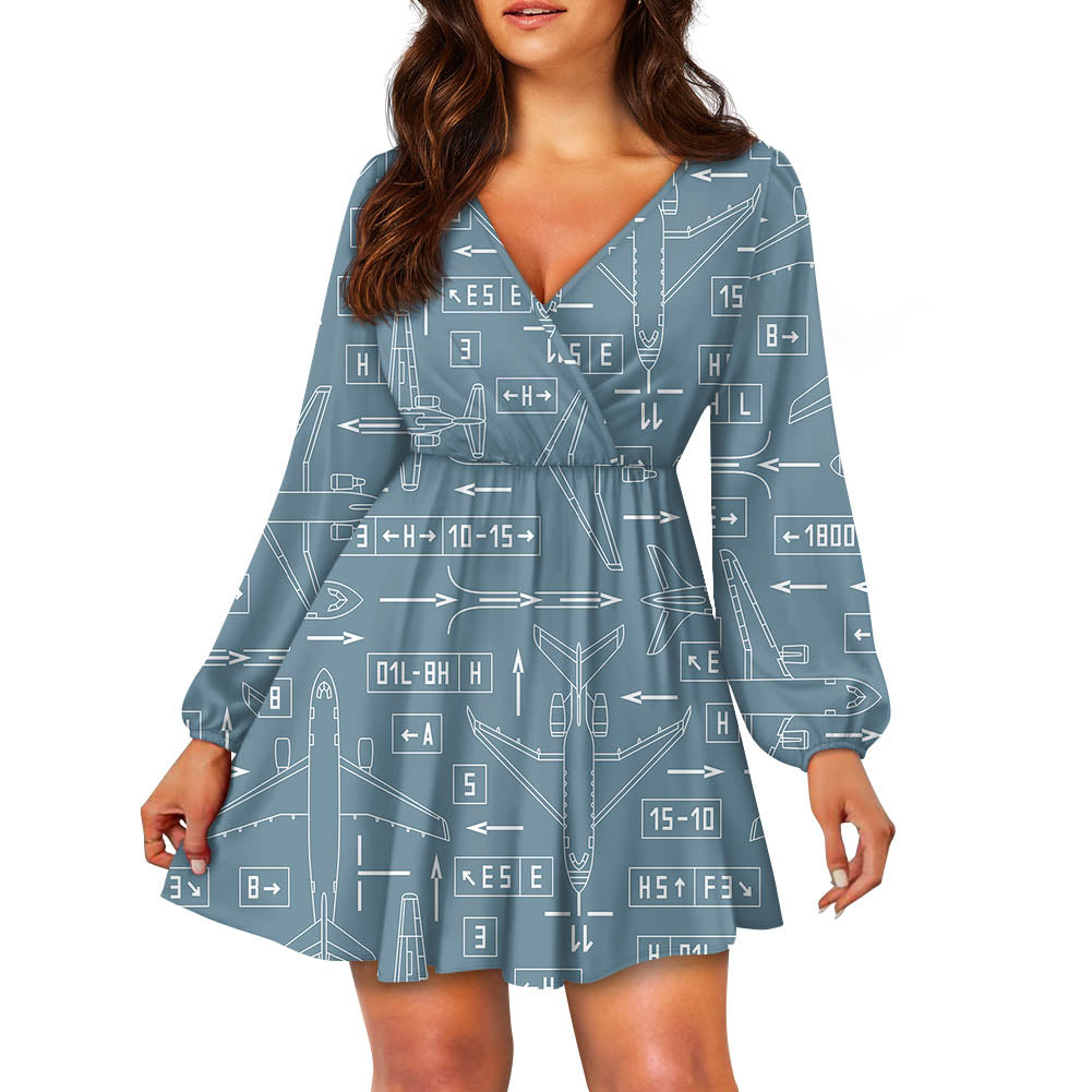 Jet Planes & Airport Signs 2 Designed Women V-neck Dress