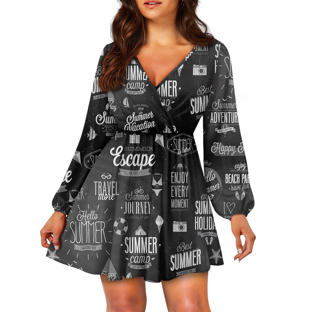 Black & White Super Travel Icons 2 Designed Women V-neck Dress