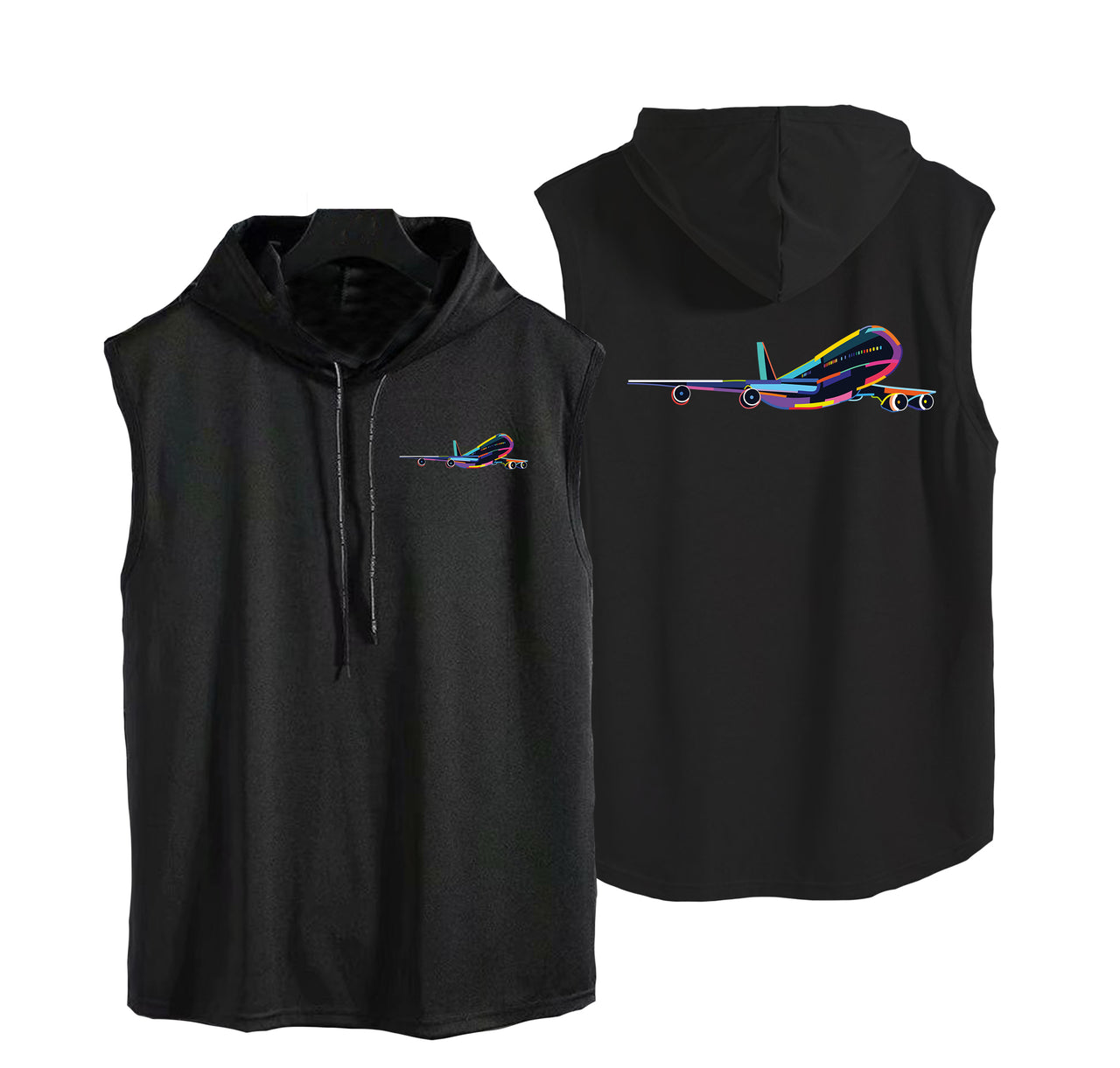 Multicolor Airplane Designed Hooded Tank Tops