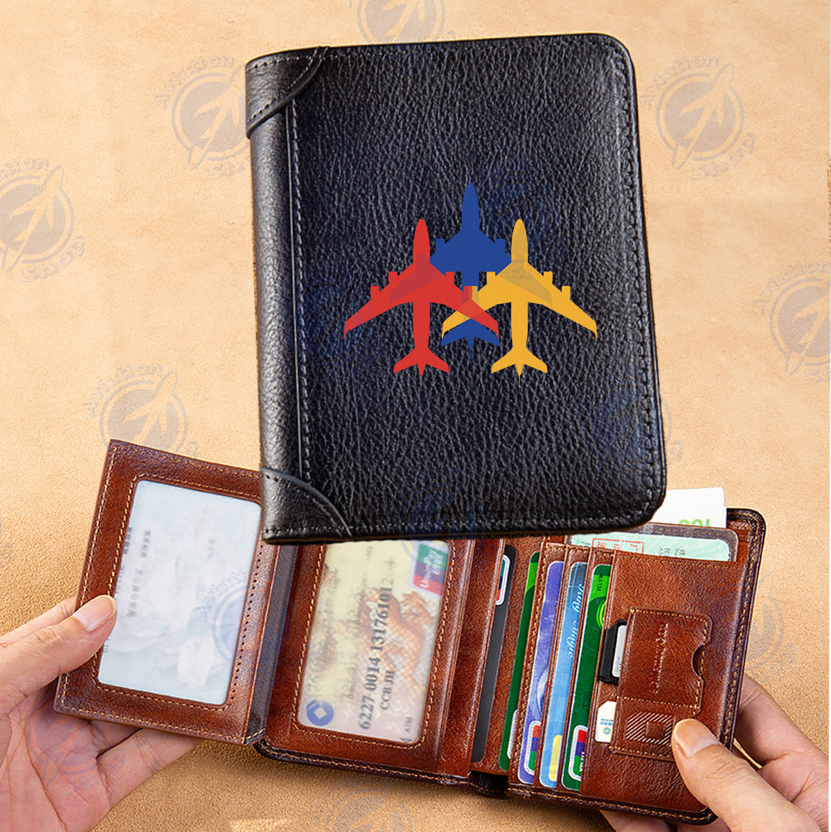 Colourful 3 Airplanes Designed Leather Wallets