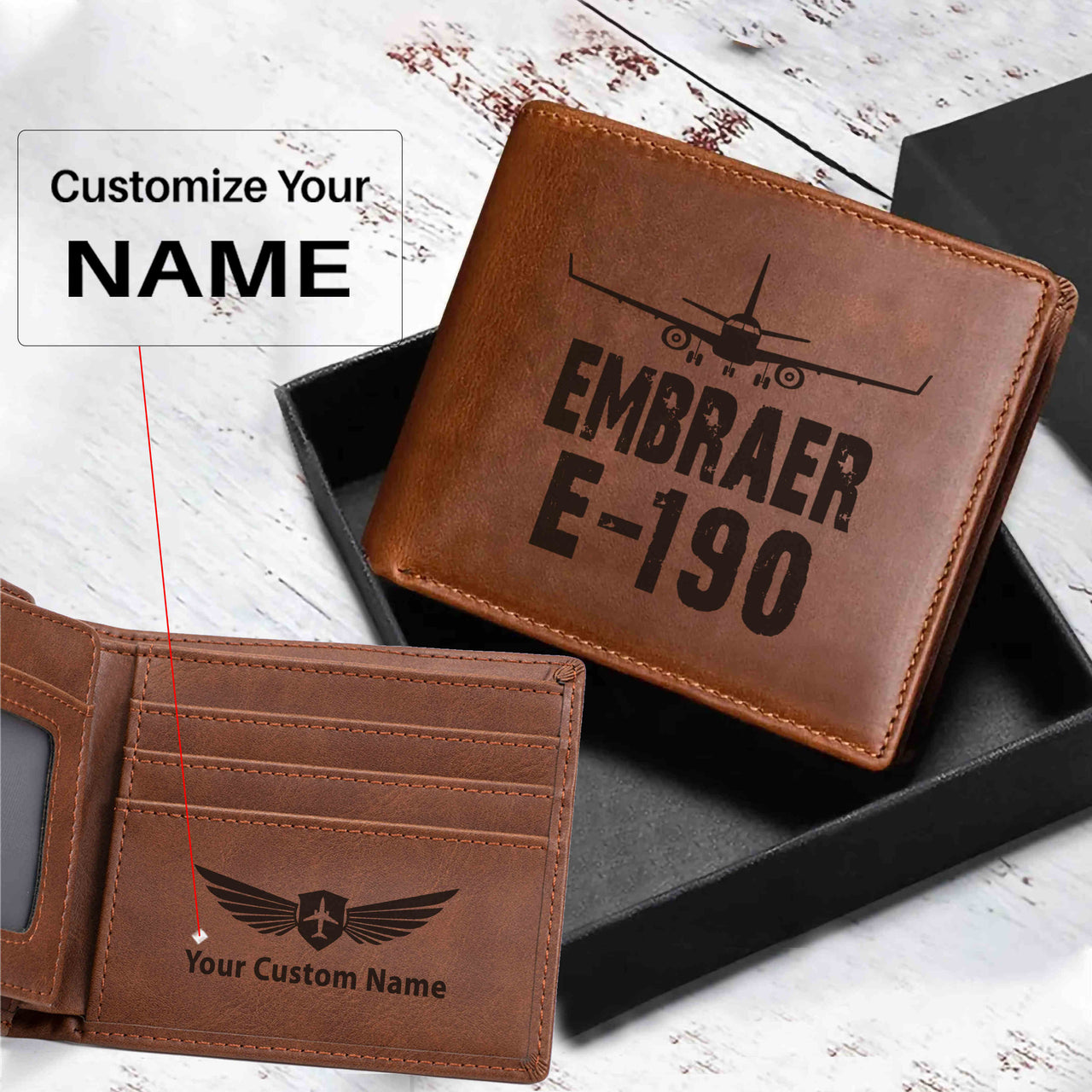 Embraer E-190 & Plane Designed Laser Leather Wallets