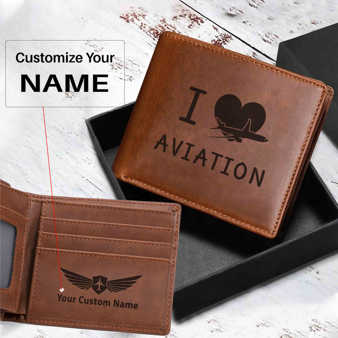 I Love Aviation Designed Laser Leather Wallets