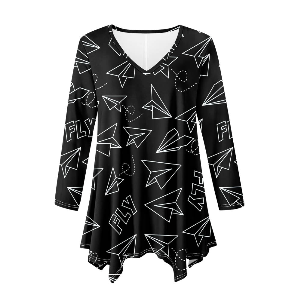 Paper Airplane & Fly Black 2 Designed Women Lrregular V-neck Skirts