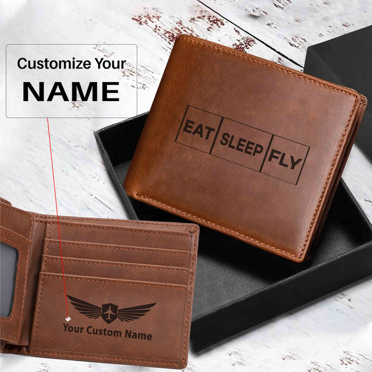 Eat Sleep Fly (Colourful) Designed Laser Leather Wallets