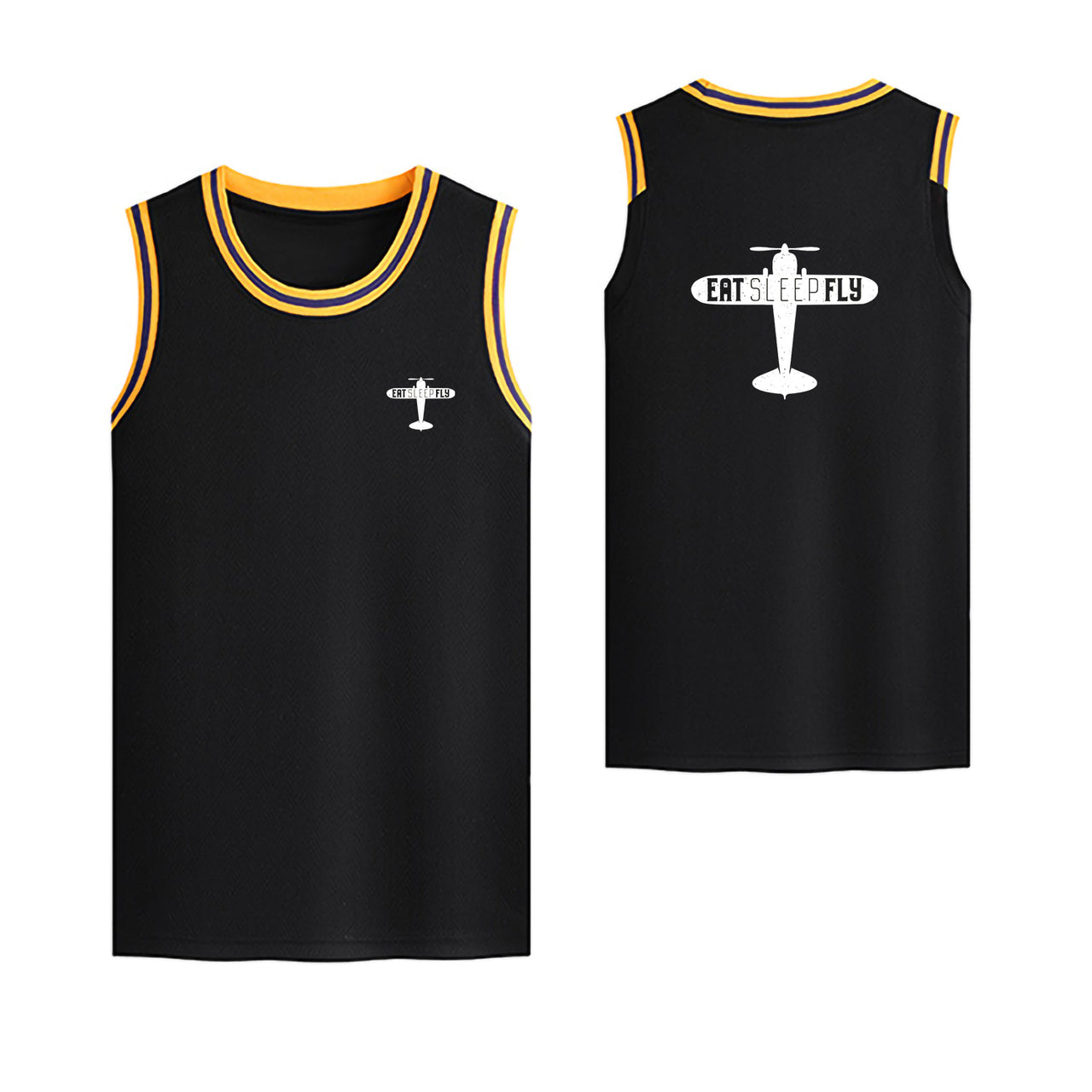 Eat Sleep Fly & Propeller Designed Basketball Style Sports Tank Tops