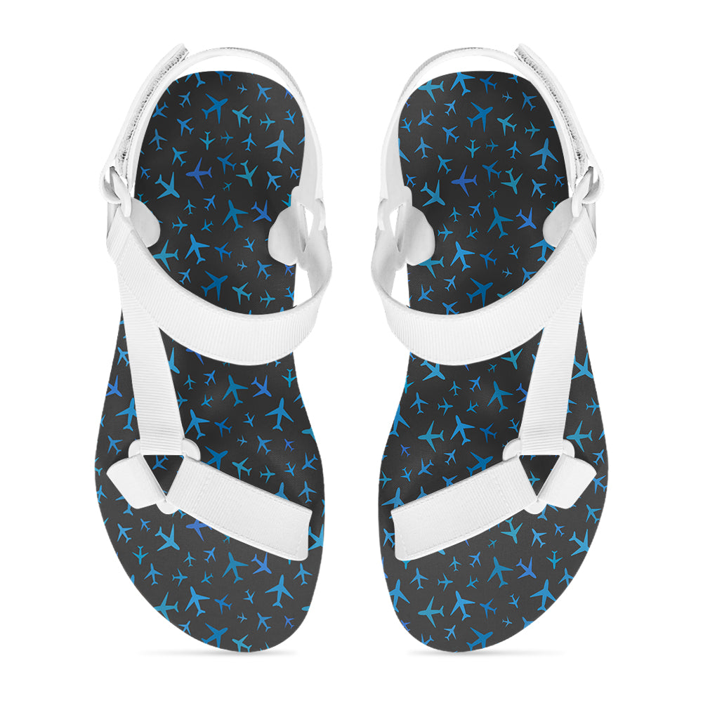 Many Airplanes Gray Designed Open Toe Sandals (Slippers)