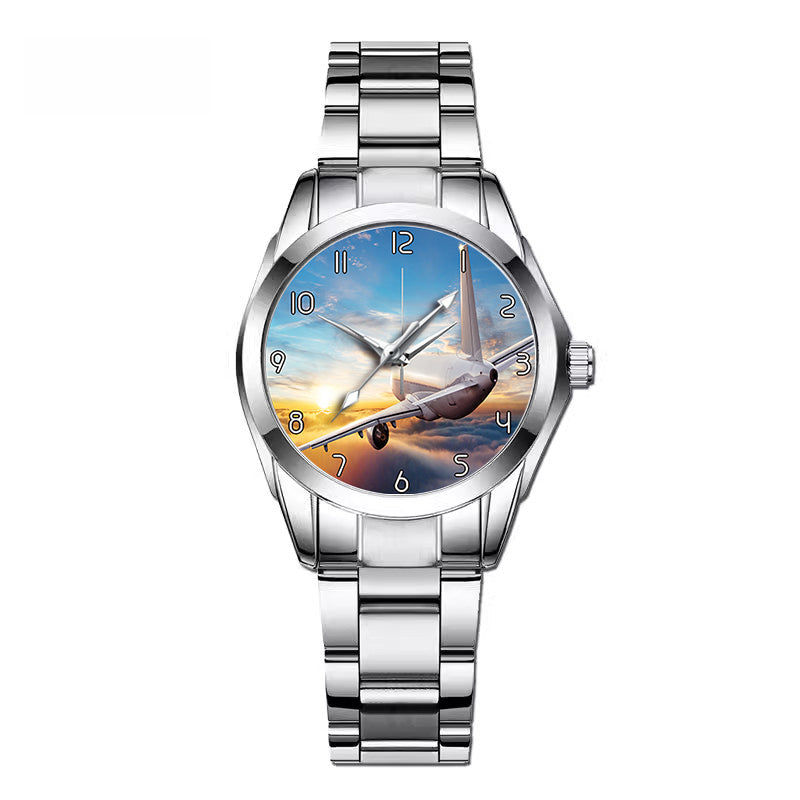 Airliner Jet Cruising over Clouds Designed Stainless Steel Band Watches