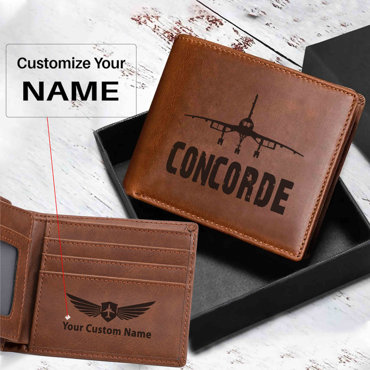 Concorde & Plane Designed Laser Leather Wallets