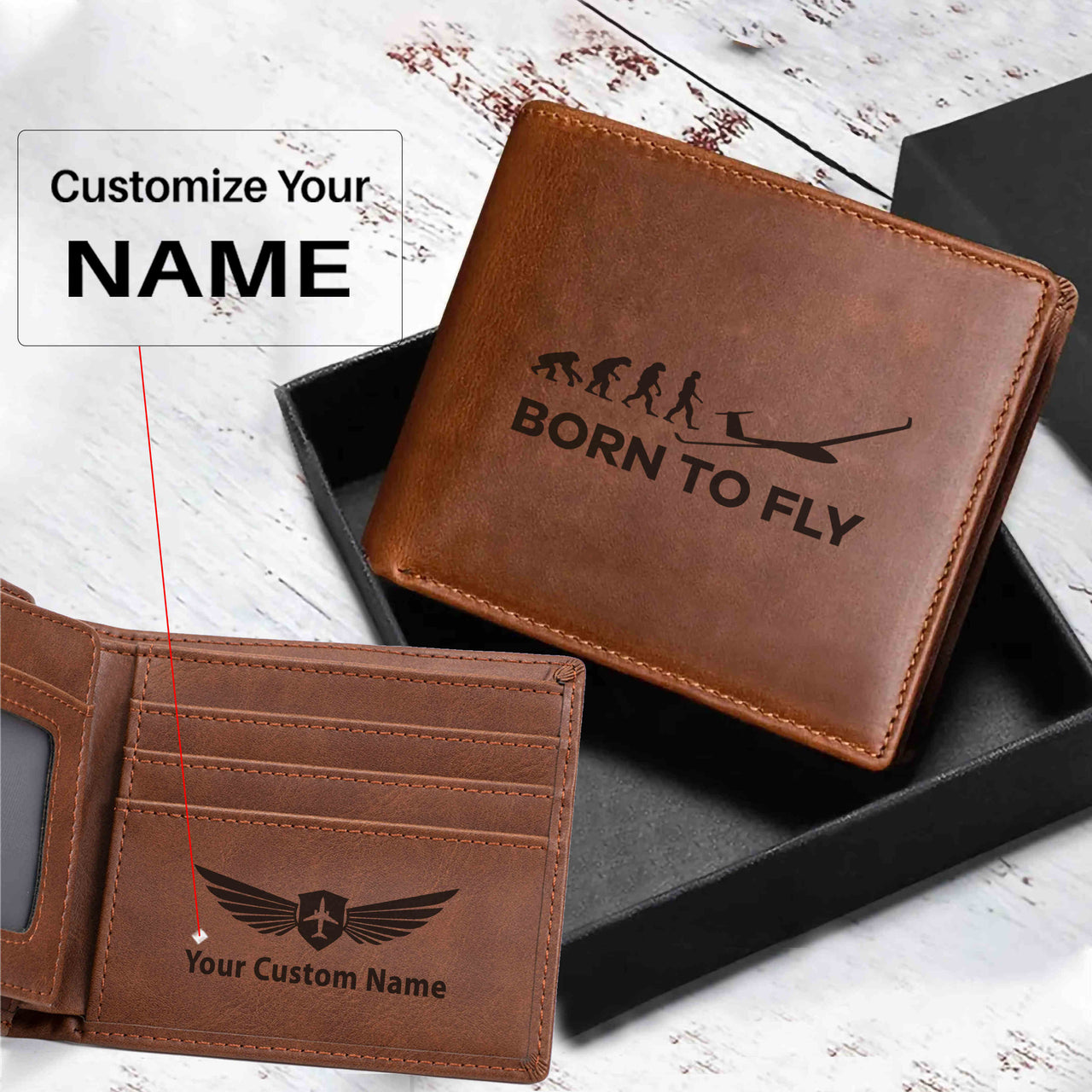 Born To Fly Glider Designed Laser Leather Wallets