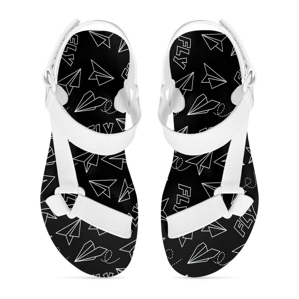 Paper Airplane & Fly Black Designed Open Toe Sandals (Slippers)