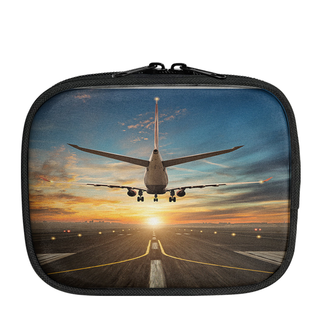 Airplane over Runway Towards the Sunrise Designed Travel & Medical Storage Bags