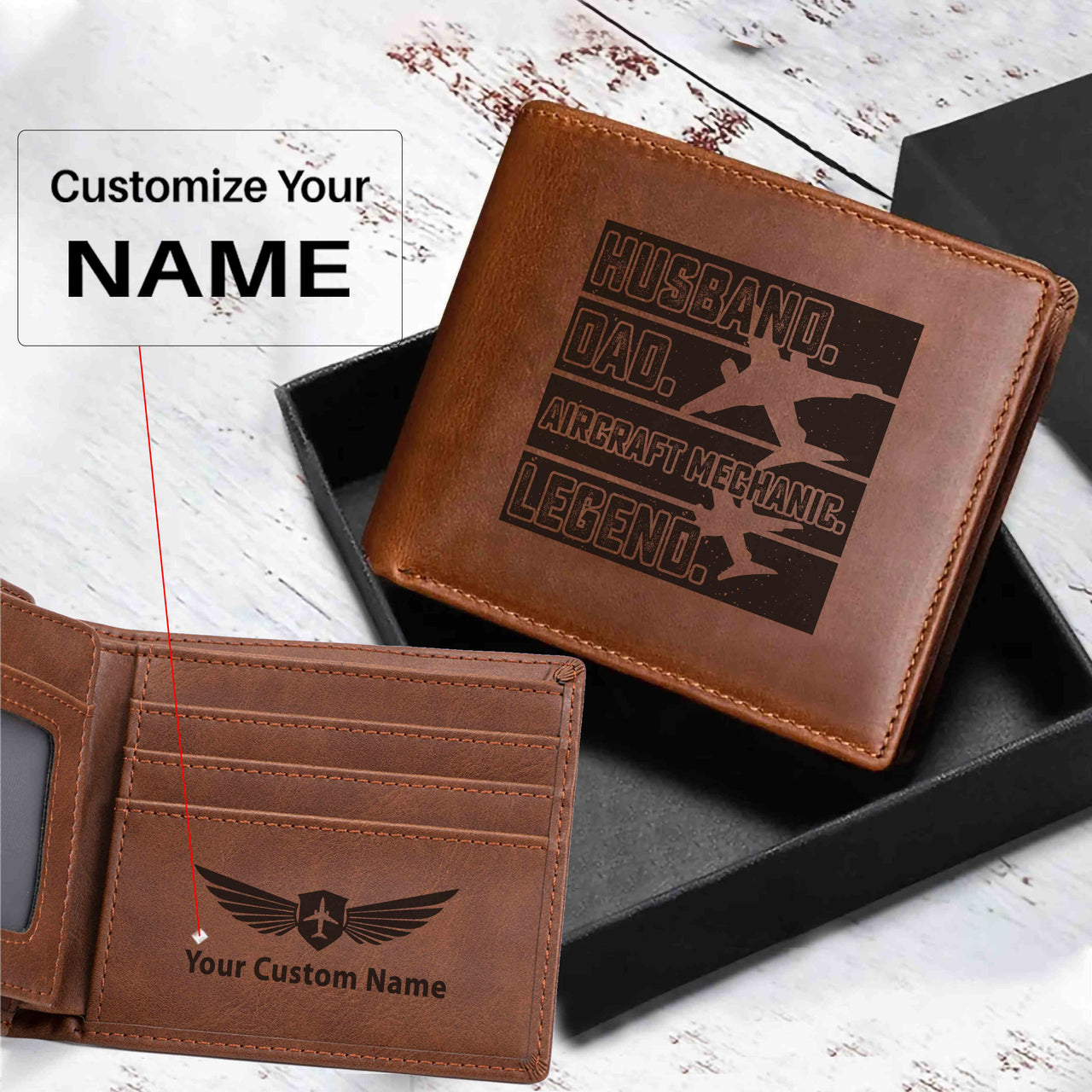 Husband & Dad & Aircraft Mechanic & Legend Designed Laser Leather Wallets