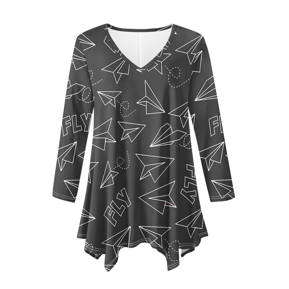 Paper Airplane & Fly (Gray) Designed Women Lrregular V-neck Skirts