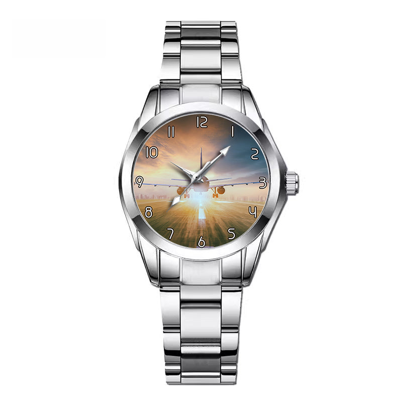 Airplane Flying Over Runway Designed Stainless Steel Band Watches