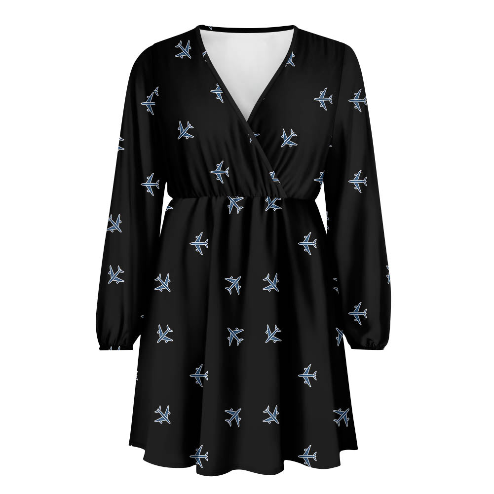 Nice Airplanes (Black) 2 Designed Women V-neck Dress