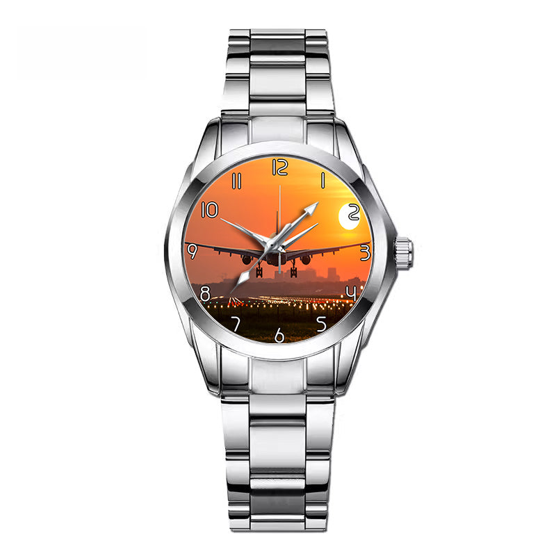 Amazing Airbus A330 Landing at Sunset Designed Stainless Steel Band Watches