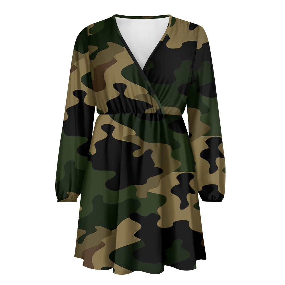 Military Camouflage Army Green Designed Women V-neck Dress