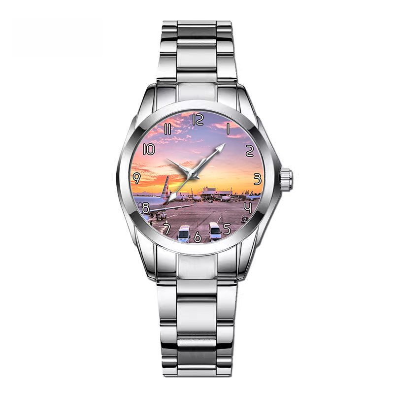 Airport Photo During Sunset Designed Stainless Steel Band Watches