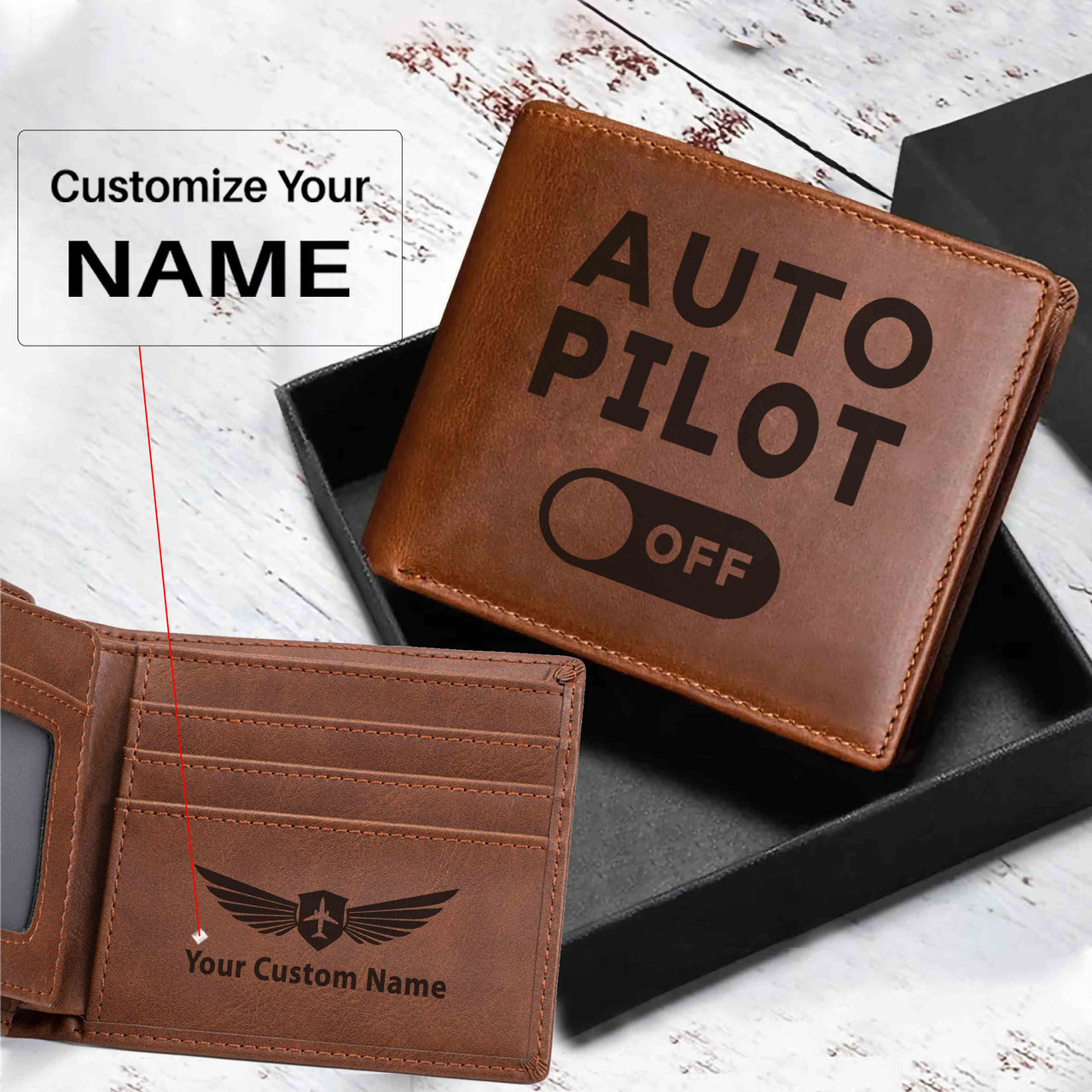 Auto Pilot Off Designed Laser Leather Wallets