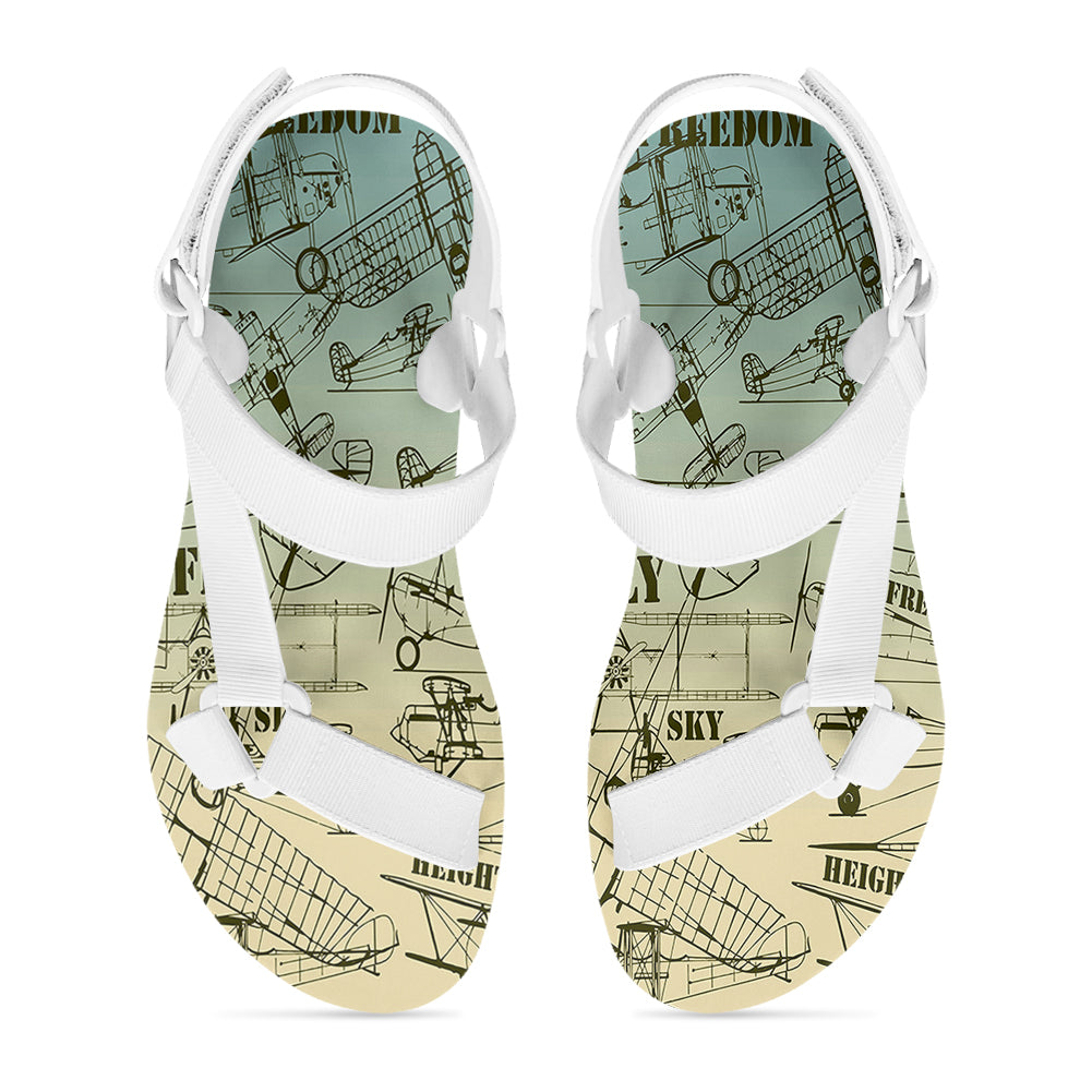 Retro Airplanes & Text 2 Designed Open Toe Sandals (Slippers)