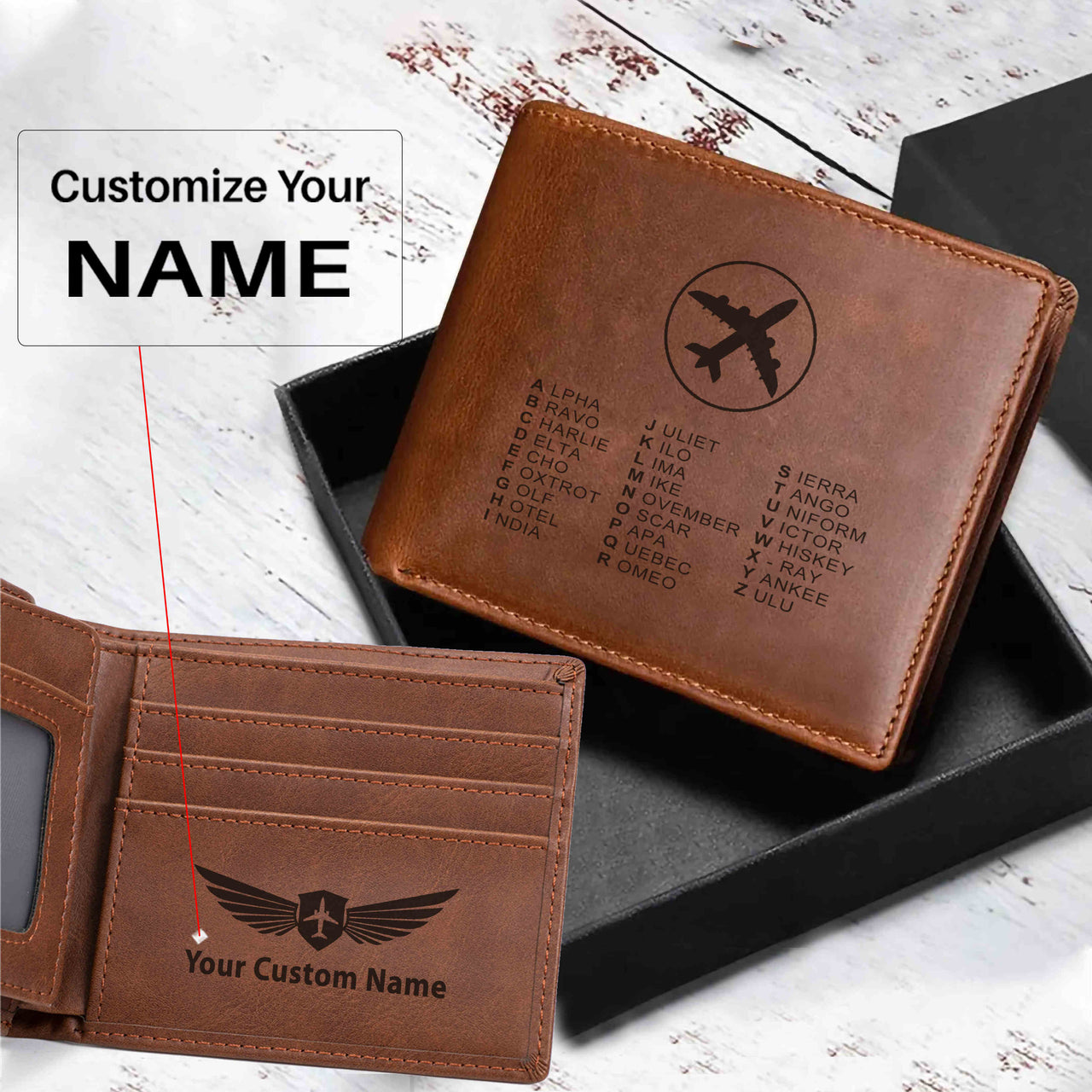 Aviation Alphabet 2 Designed Laser Leather Wallets