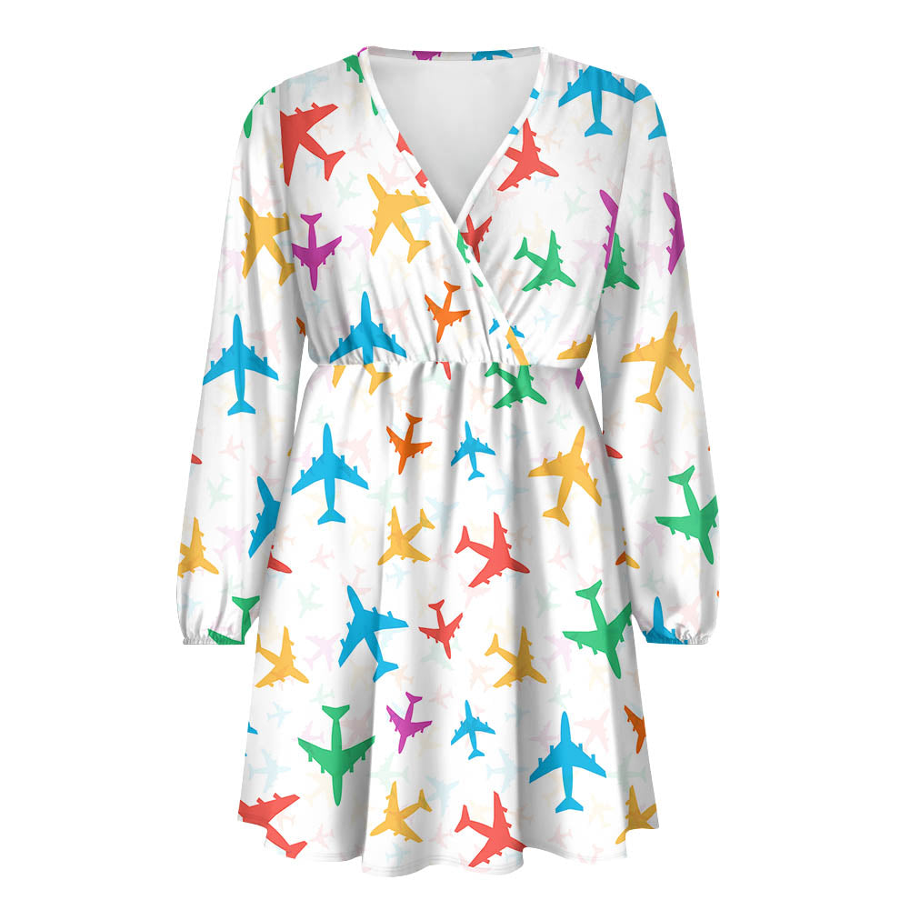 Cheerful Seamless Airplanes 2 Designed Women V-neck Dress