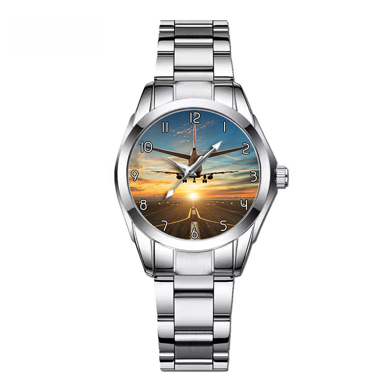 Airplane over Runway Towards the Sunrise Designed Stainless Steel Band Watches