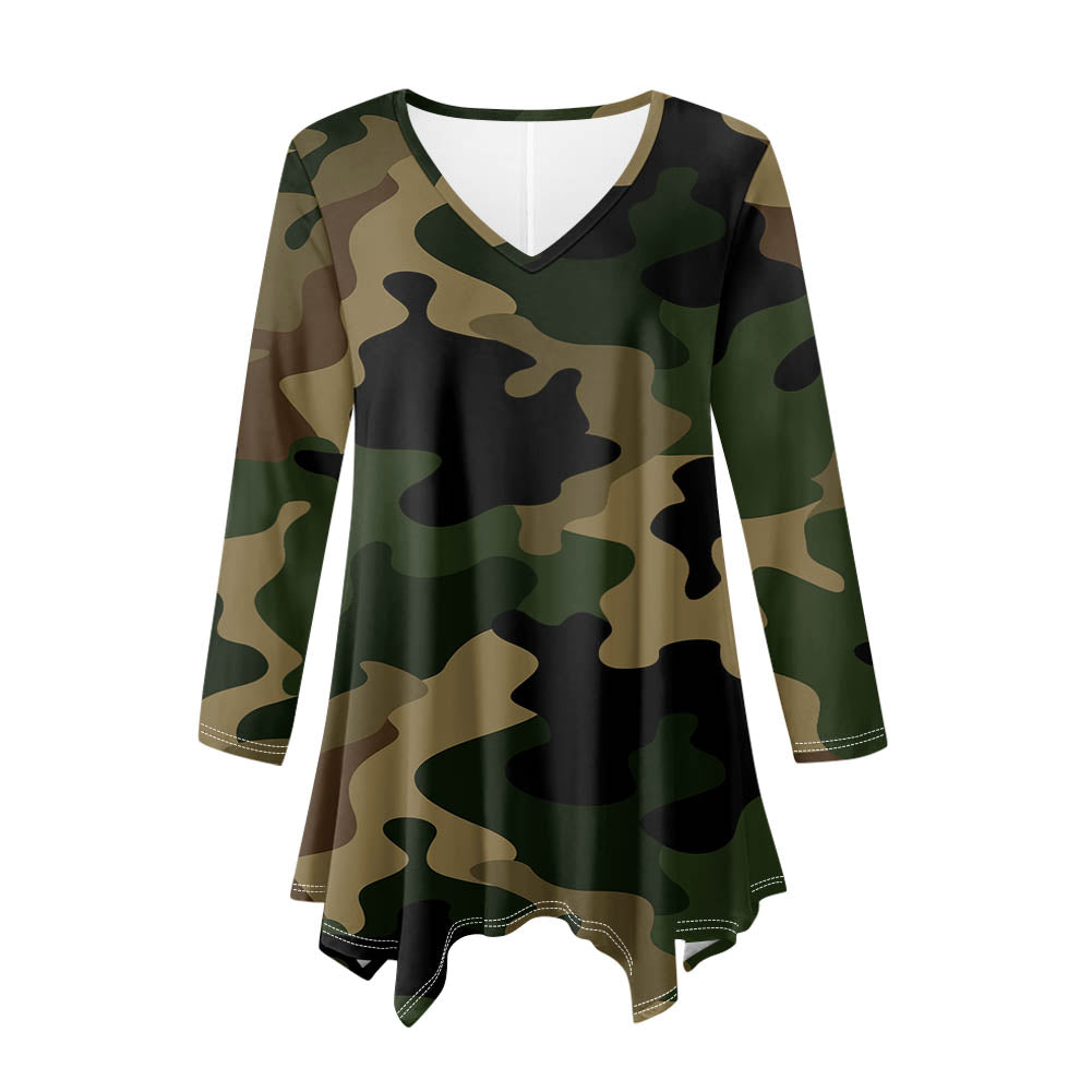 Military Camouflage Army Green Designed Women Lrregular V-neck Skirts