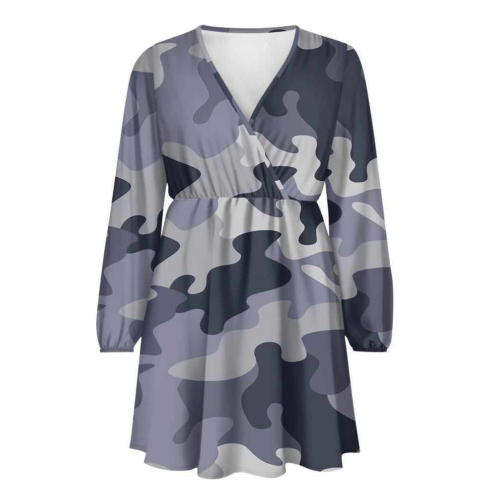 Military Camouflage Army Gray Designed Women V-neck Dress