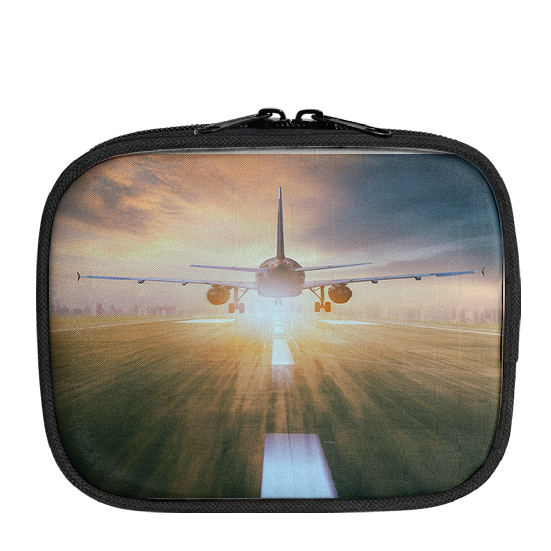 Airplane Flying Over Runway Designed Travel & Medical Storage Bags