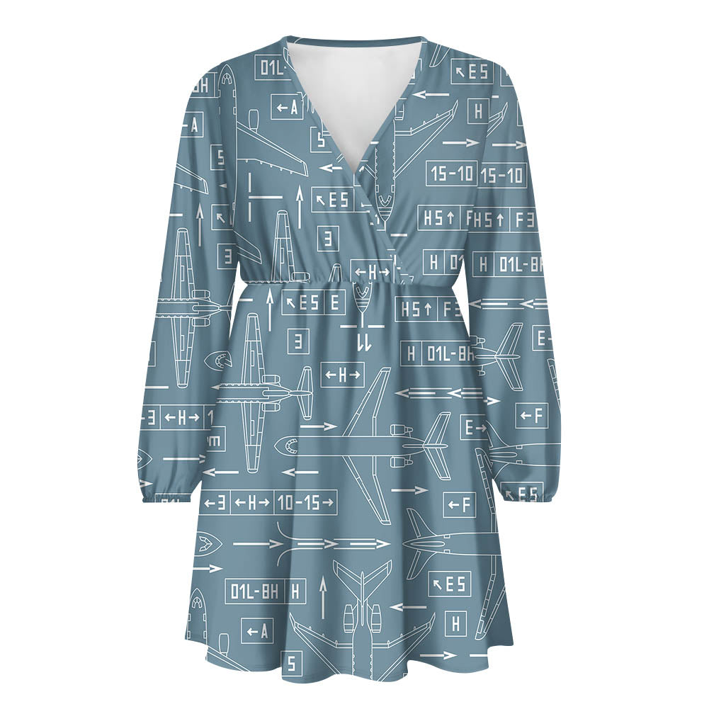 Jet Planes & Airport Signs 2 Designed Women V-neck Dress