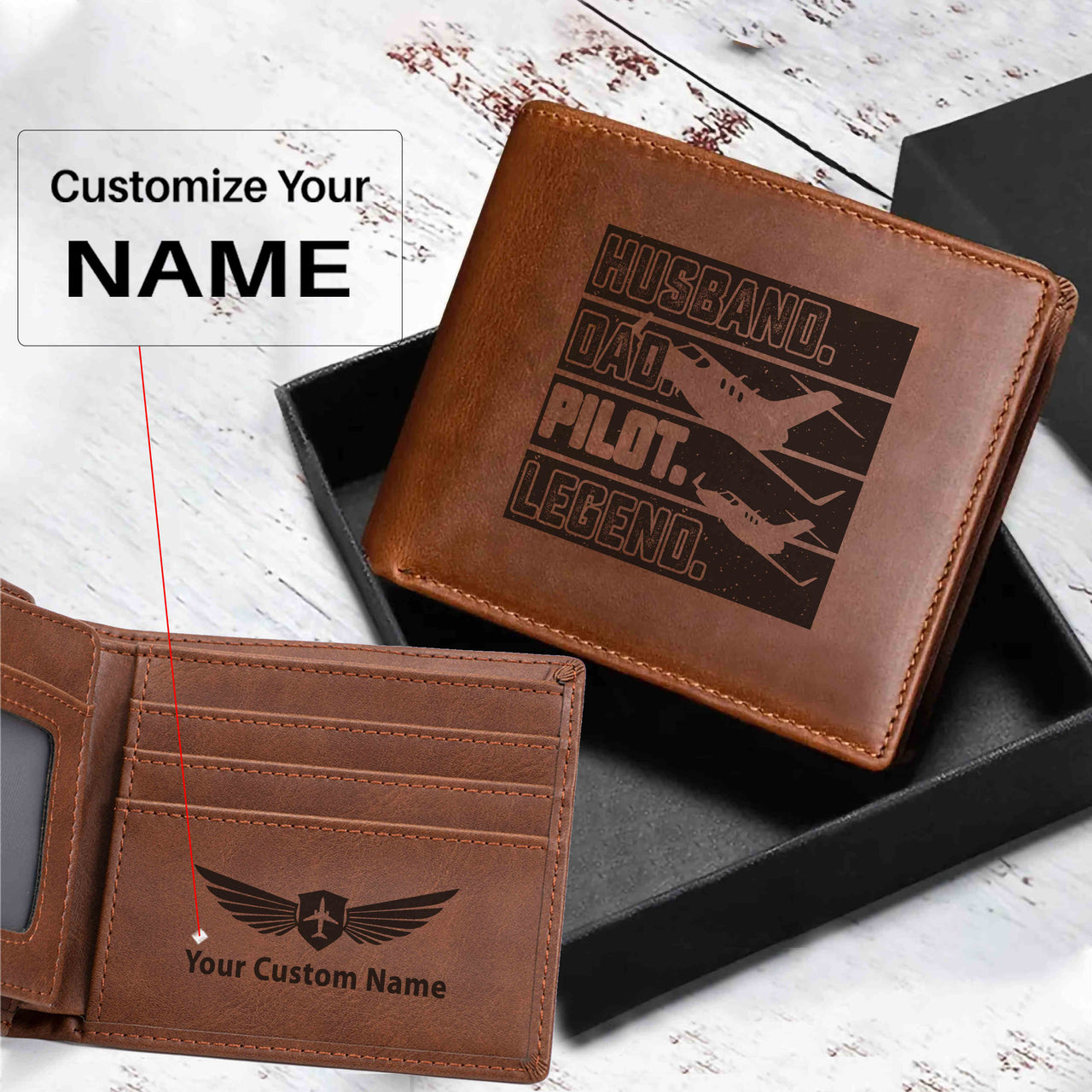 Husband & Dad & Pilot & Legend Designed Laser Leather Wallets