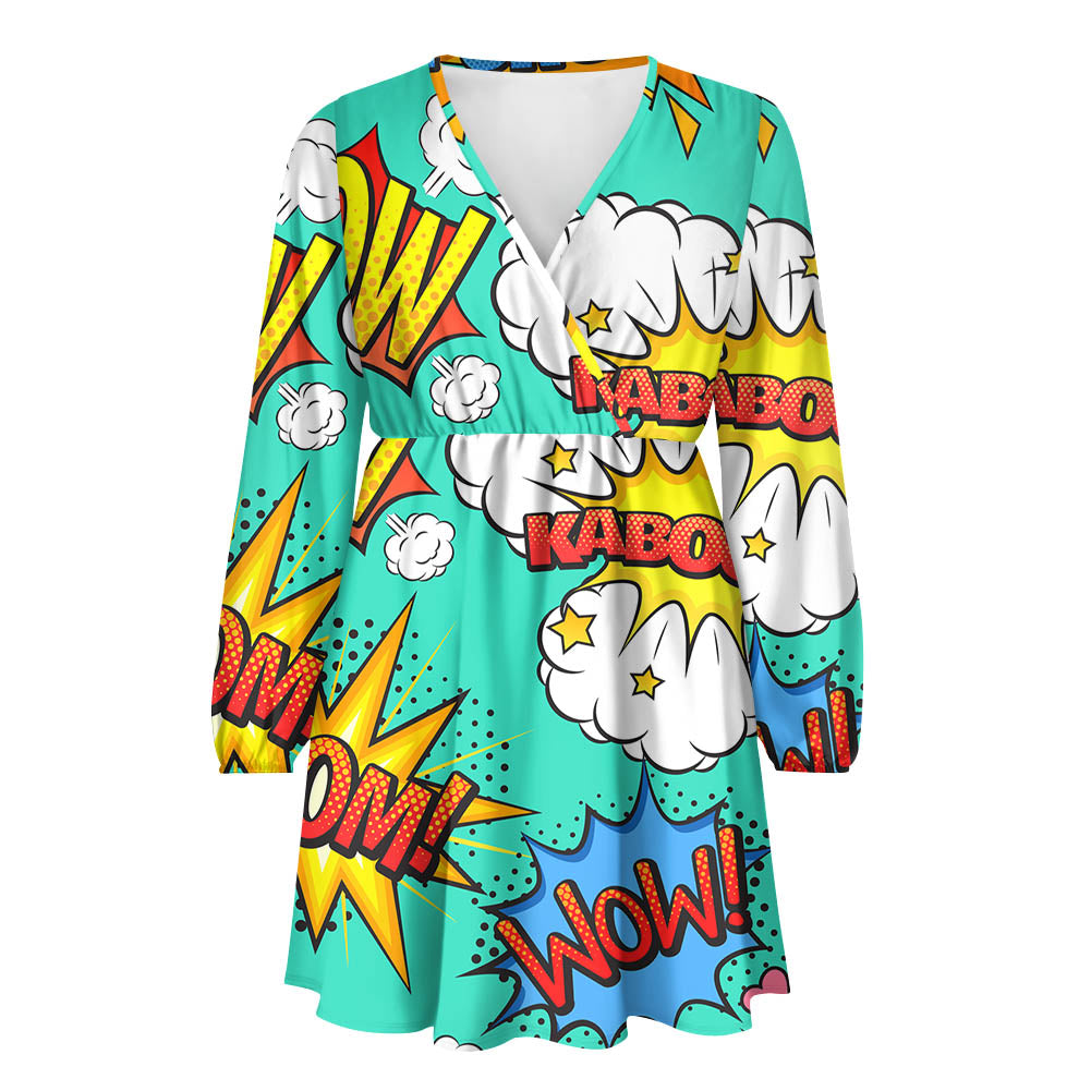 Mixed Comics Designed Women V-neck Dress