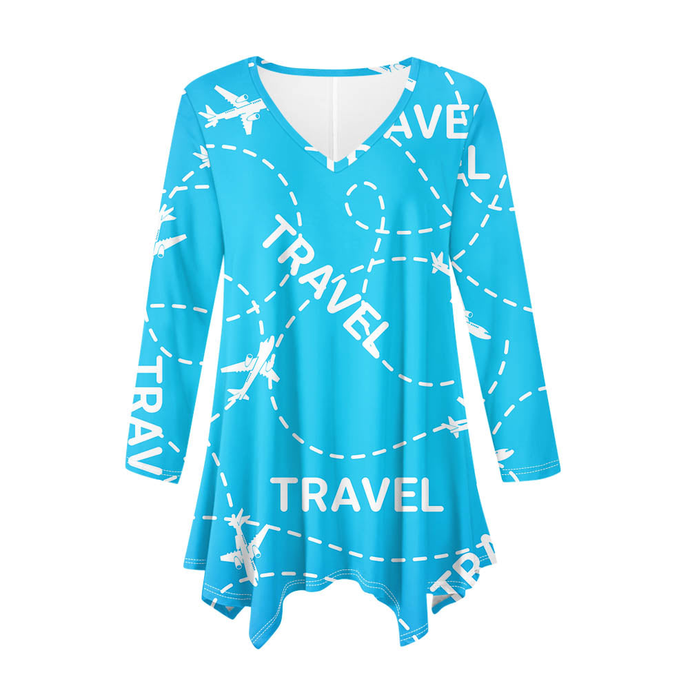 Travel & Planes Designed Women Lrregular V-neck Skirts