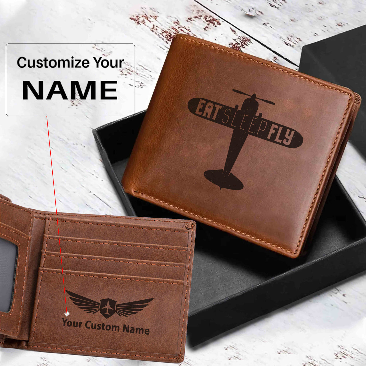 Eat Sleep Fly & Propeller Designed Laser Leather Wallets