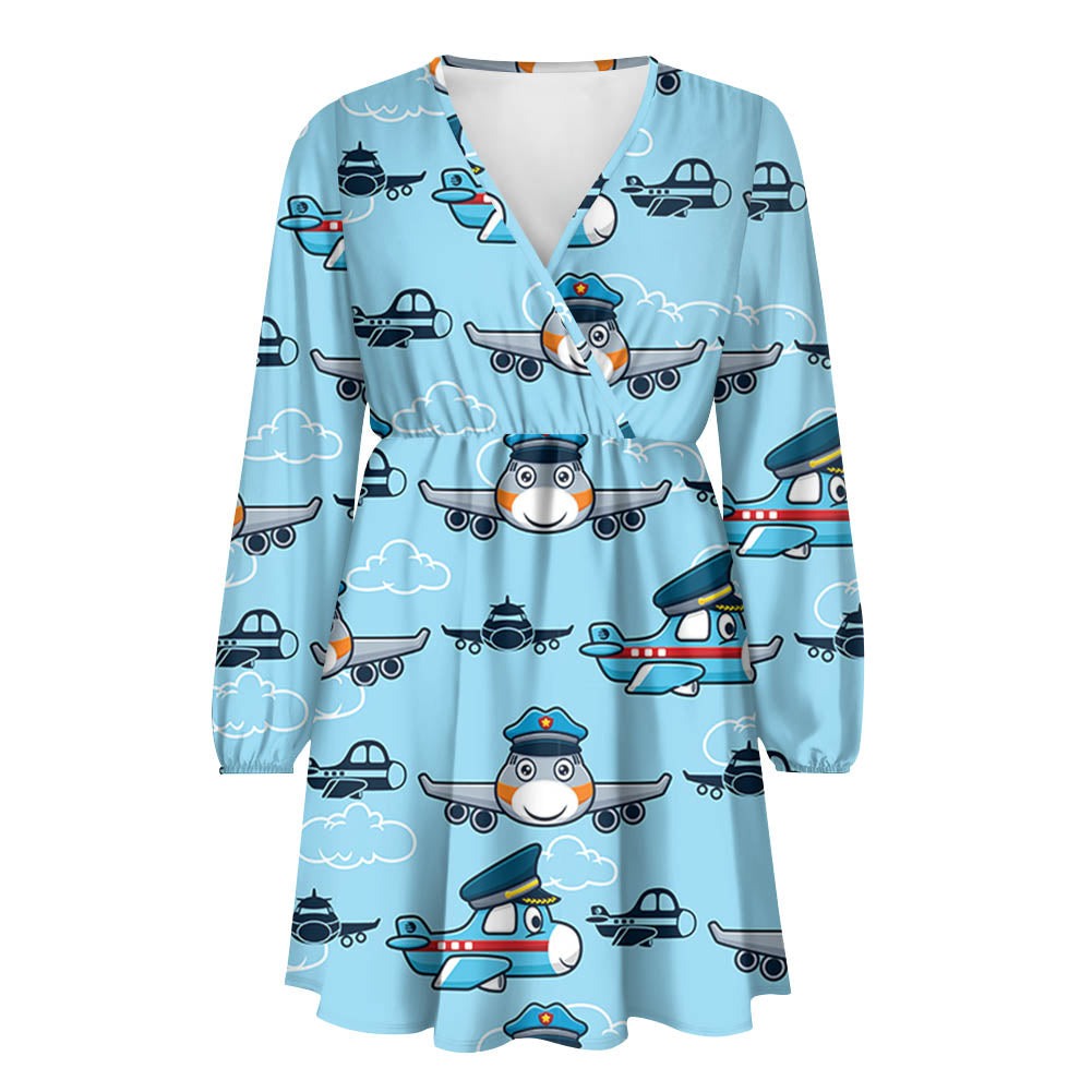 Cartoon & Funny Airplanes 2 Designed Women V-neck Dress