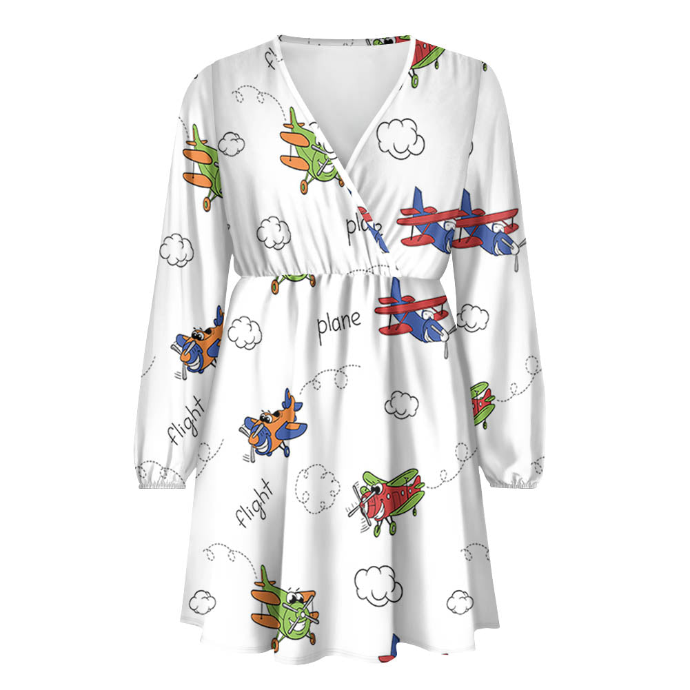 Colorful Cartoon Planes 2 Designed Women V-neck Dress