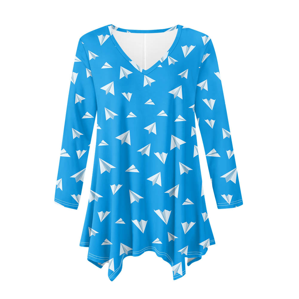 Paper Airplanes (Blue) 2 Designed Women Lrregular V-neck Skirts