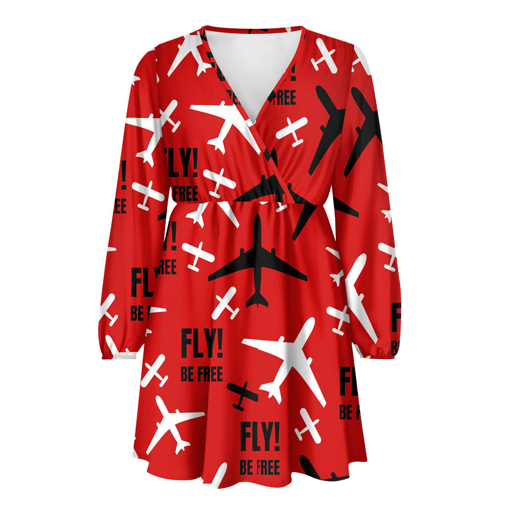 Fly Be Free Red 2 Designed Women V-neck Dress