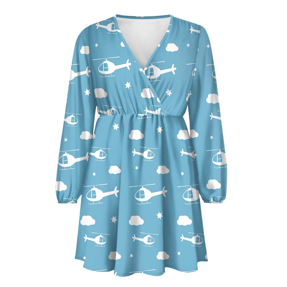 Helicopters & Clouds 2 Designed Women V-neck Dress